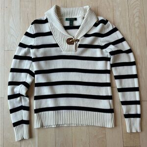 Lauren Ralph Lauren Striped Shawl Collar w/ Snap Hook Closure Size Small Cream